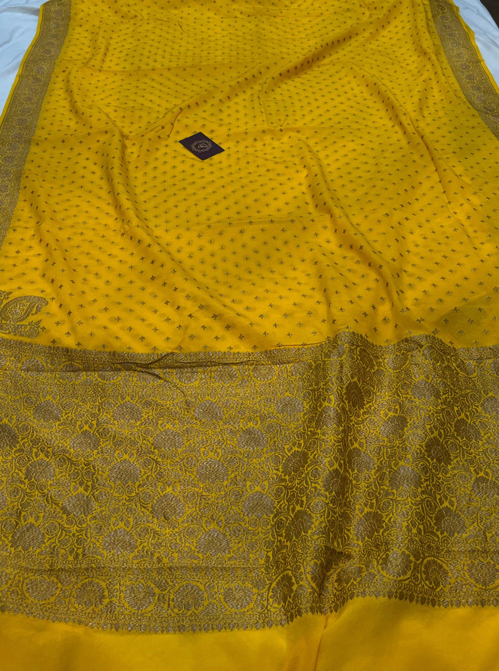 Yellow Pure Banarasi Khaddi Crepe Silk Saree - Aura Benaras