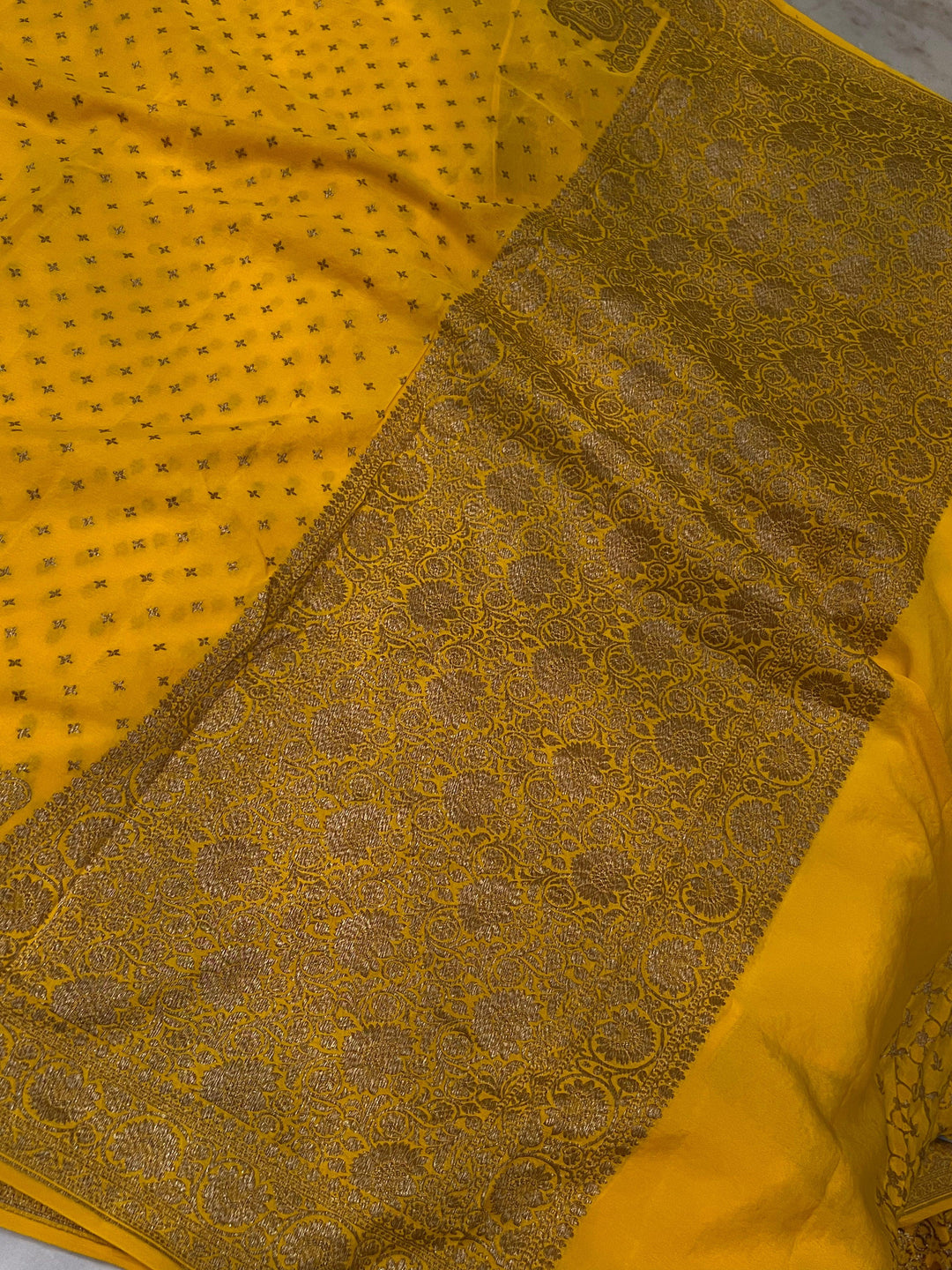 Yellow Pure Banarasi Khaddi Crepe Silk Saree - Aura Benaras