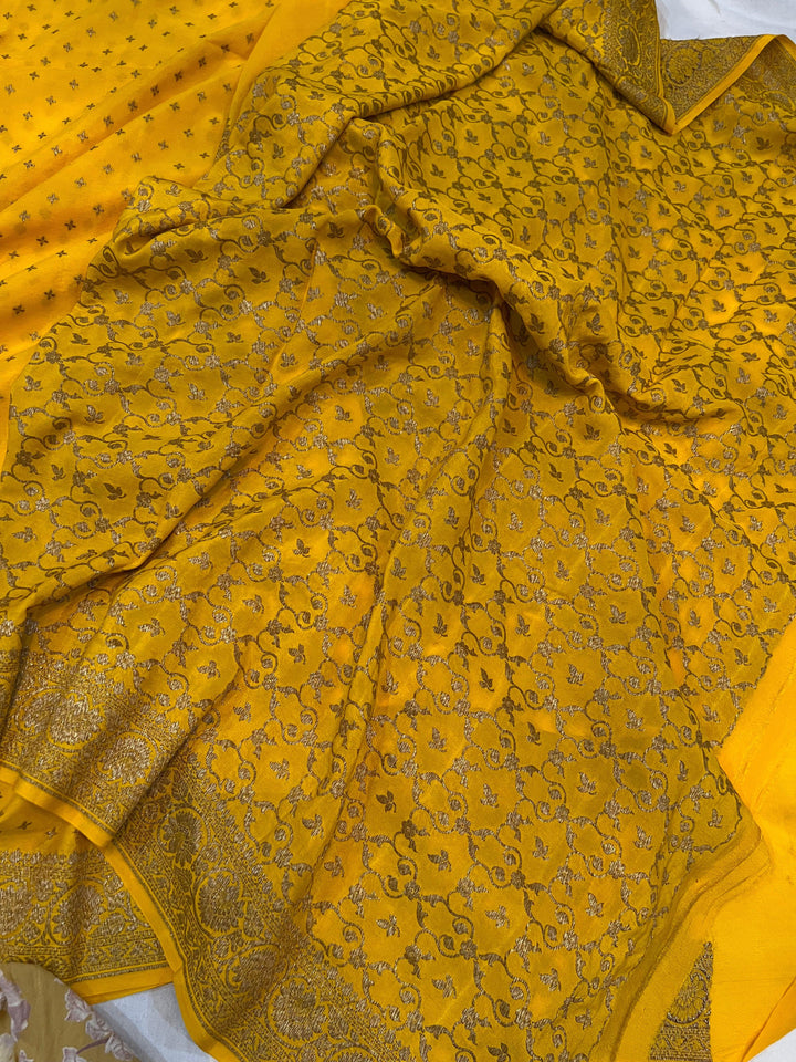 Yellow Pure Banarasi Khaddi Crepe Silk Saree - Aura Benaras