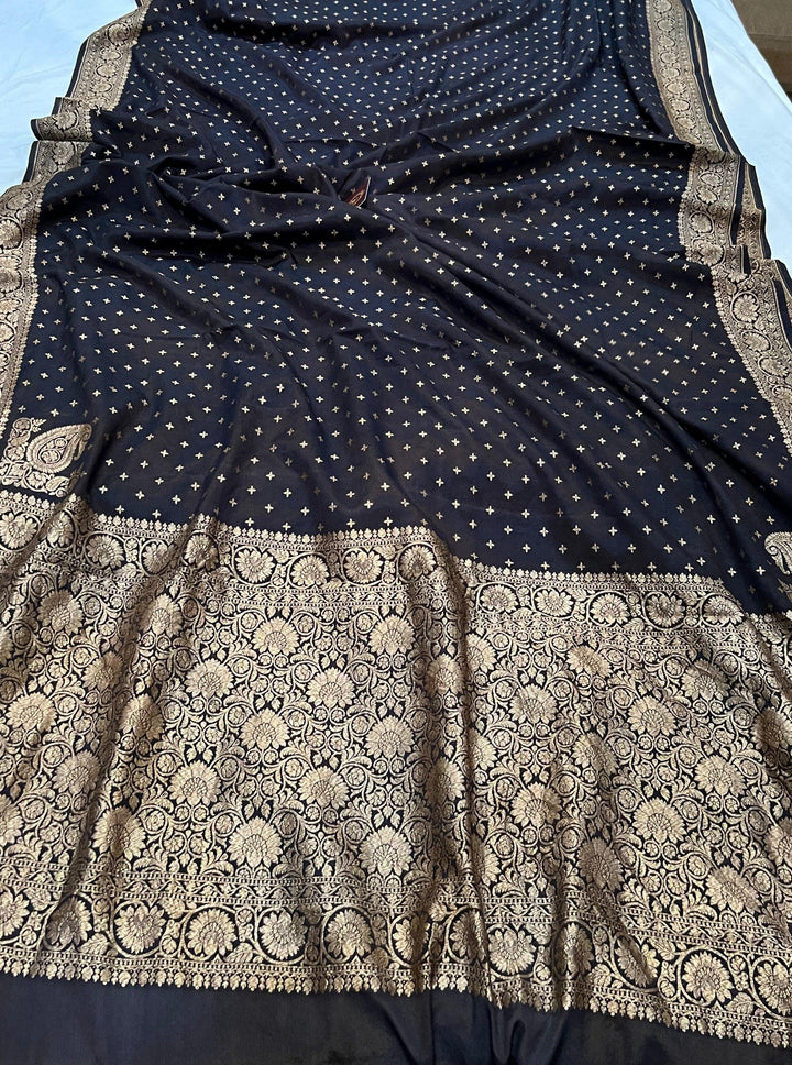 Black Pure Banarasi Khaddi Crepe Silk Saree - Aura Benaras
