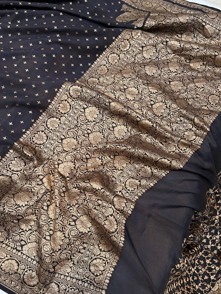 Black Pure Banarasi Khaddi Crepe Silk Saree - Aura Benaras
