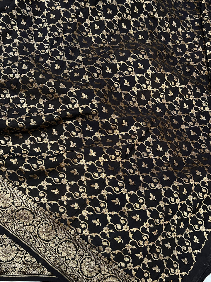 Black Pure Banarasi Khaddi Crepe Silk Saree - Aura Benaras