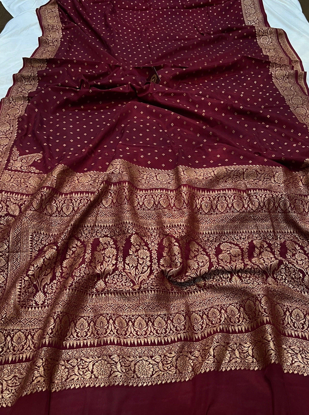 Maroon Pure Banarasi Khaddi Crepe Silk Saree - Aura Benaras