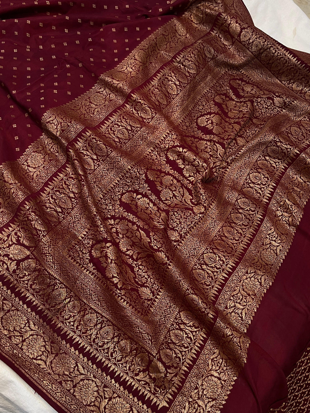 Maroon Pure Banarasi Khaddi Crepe Silk Saree - Aura Benaras