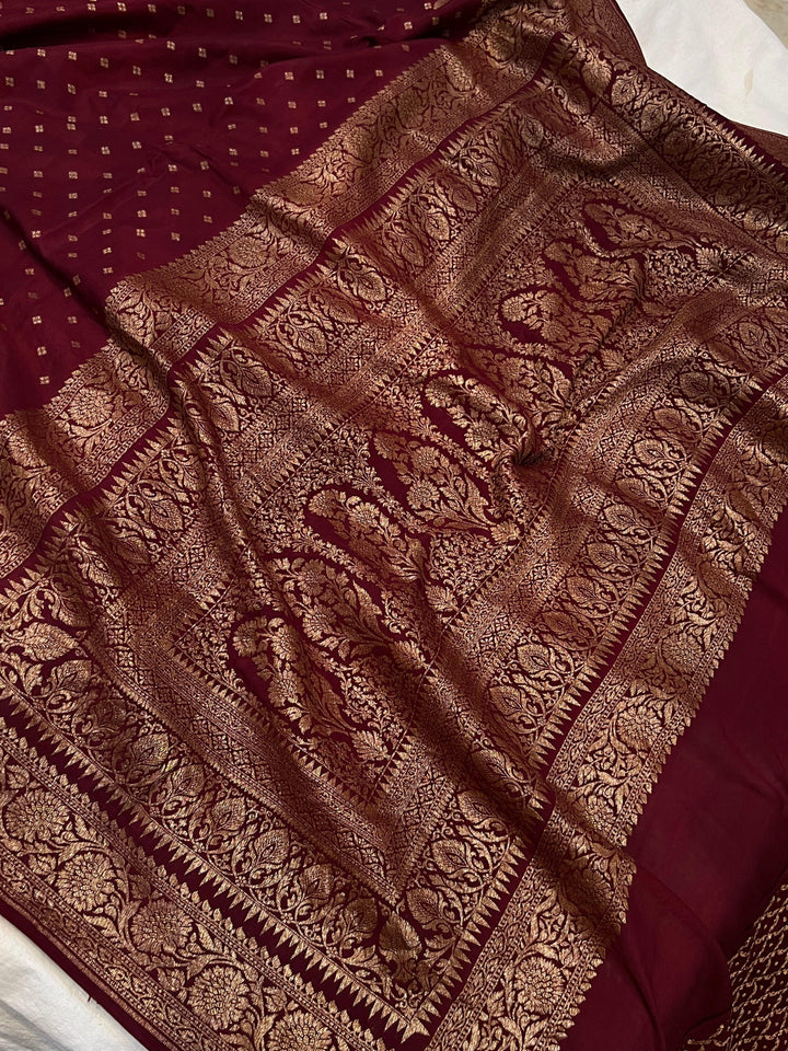 Maroon Pure Banarasi Khaddi Crepe Silk Saree - Aura Benaras