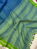 Teal Blue Banarasi Handloom Pure Linen Silk Saree - Aura Benaras