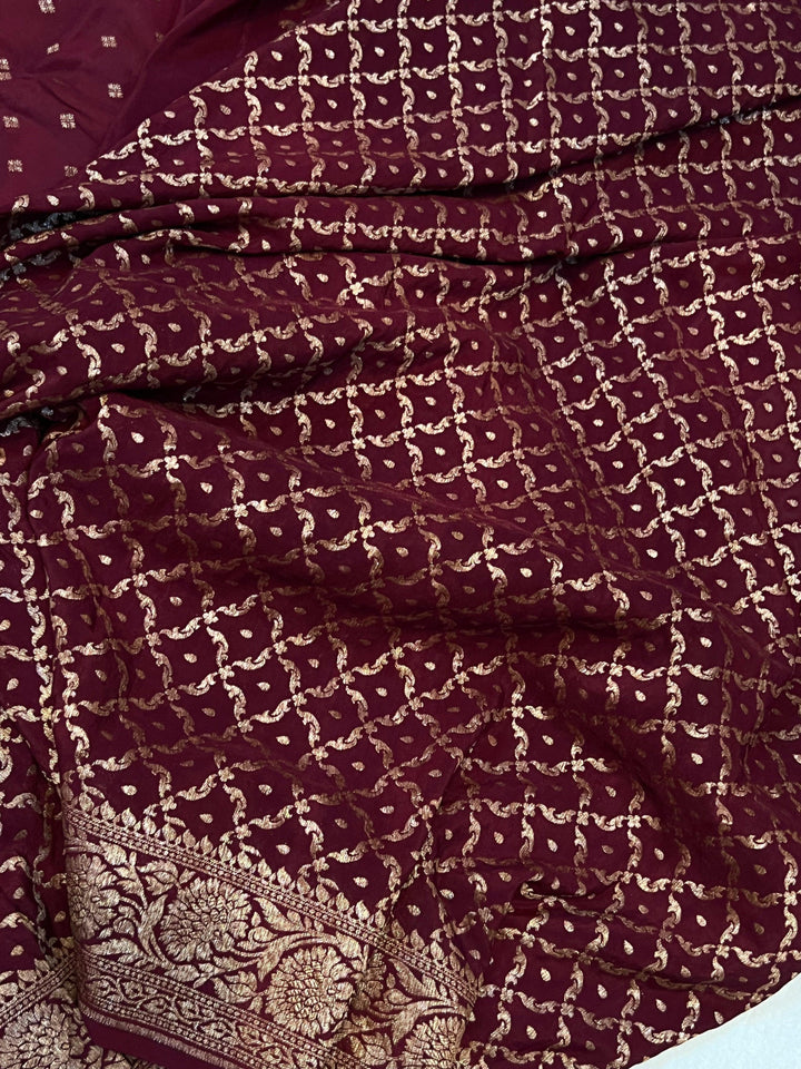 Maroon Pure Banarasi Khaddi Crepe Silk Saree - Aura Benaras
