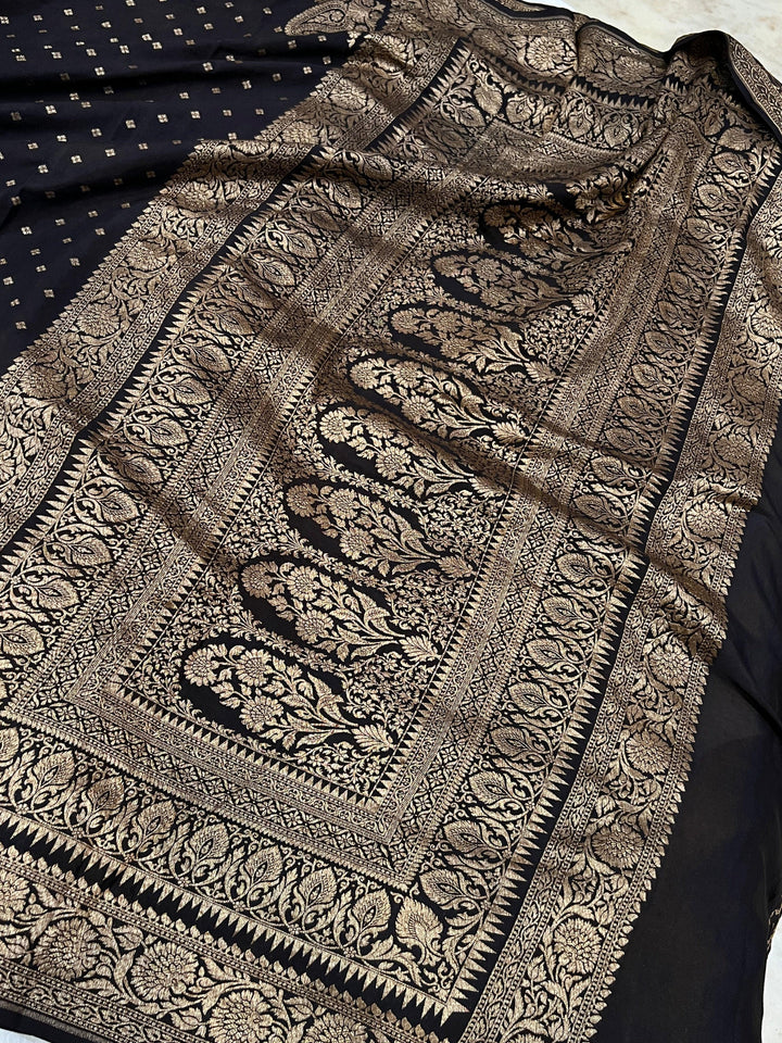 Black Pure Banarasi Khaddi Crepe Silk Saree - Aura Benaras