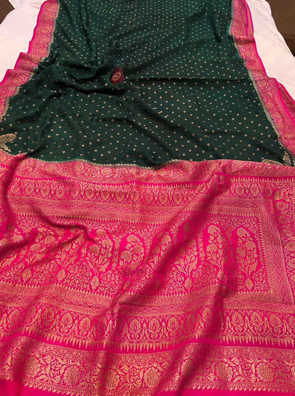 Bottle Green Pure Banarasi Khaddi Crepe Silk Saree - Aura Benaras