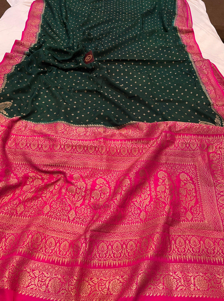 Bottle Green Pure Banarasi Khaddi Crepe Silk Saree - Aura Benaras