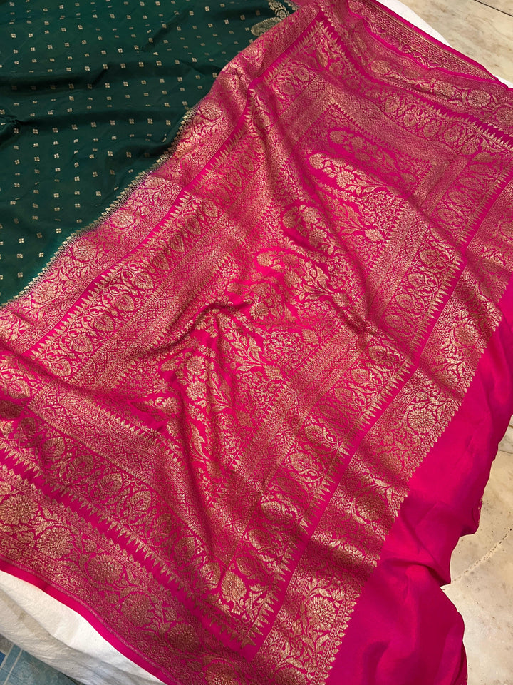 Bottle Green Pure Banarasi Khaddi Crepe Silk Saree - Aura Benaras