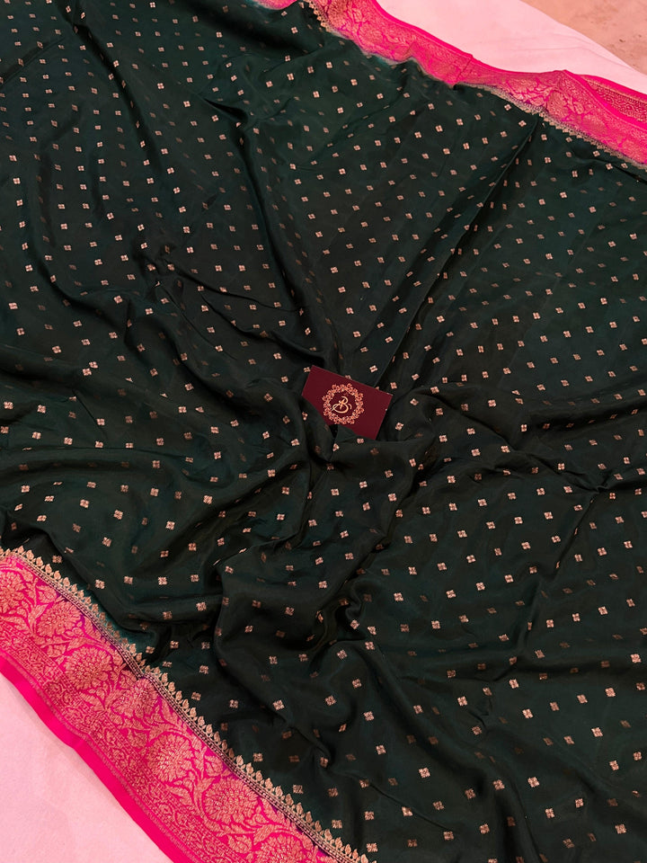 Bottle Green Pure Banarasi Khaddi Crepe Silk Saree - Aura Benaras