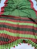 Green Banarasi Handloom Pure Linen Silk Saree - Aura Benaras