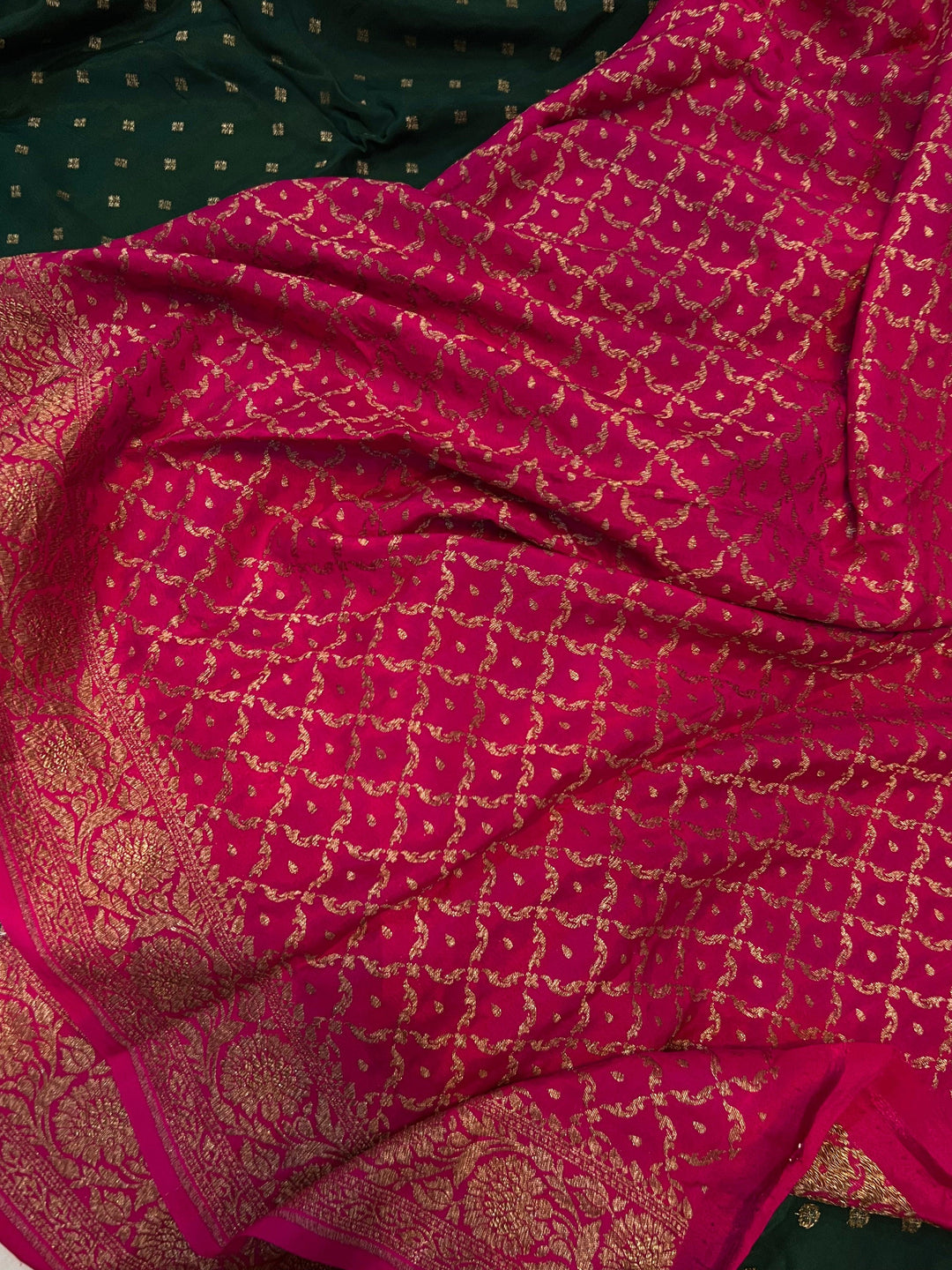 Bottle Green Pure Banarasi Khaddi Crepe Silk Saree - Aura Benaras