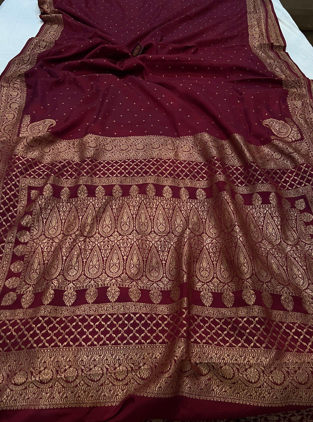 Maroon Pure Banarasi Khaddi Crepe Silk Saree - Aura Benaras
