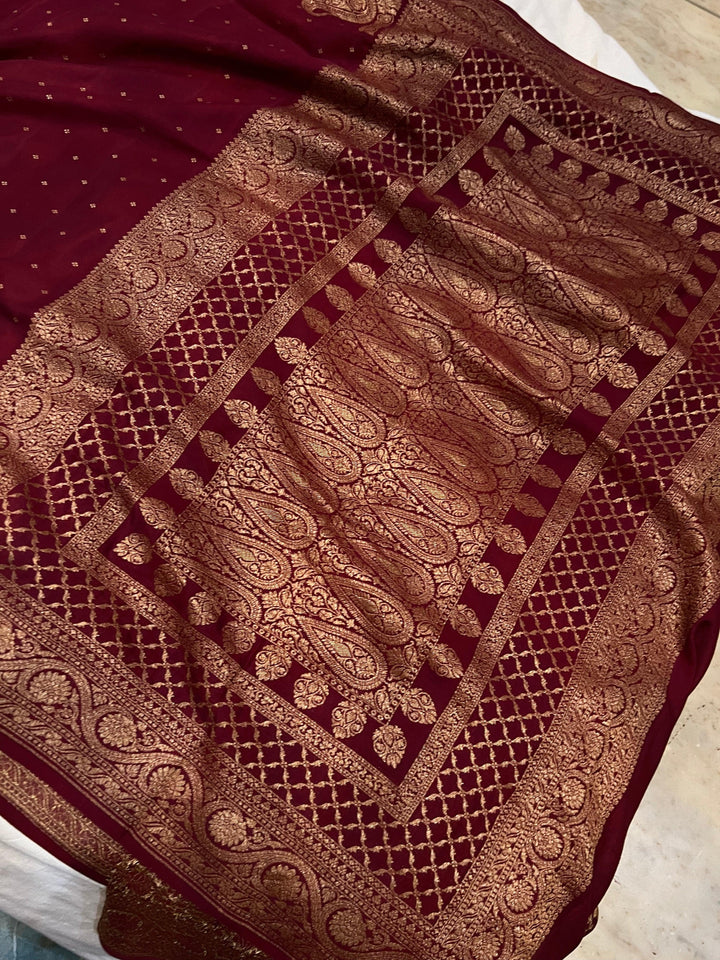 Maroon Pure Banarasi Khaddi Crepe Silk Saree - Aura Benaras