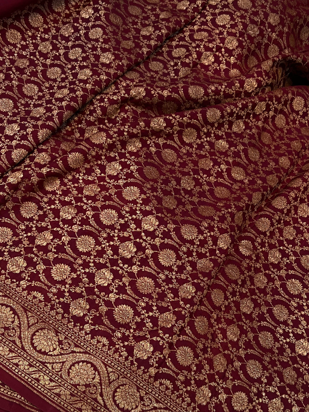 Maroon Pure Banarasi Khaddi Crepe Silk Saree - Aura Benaras