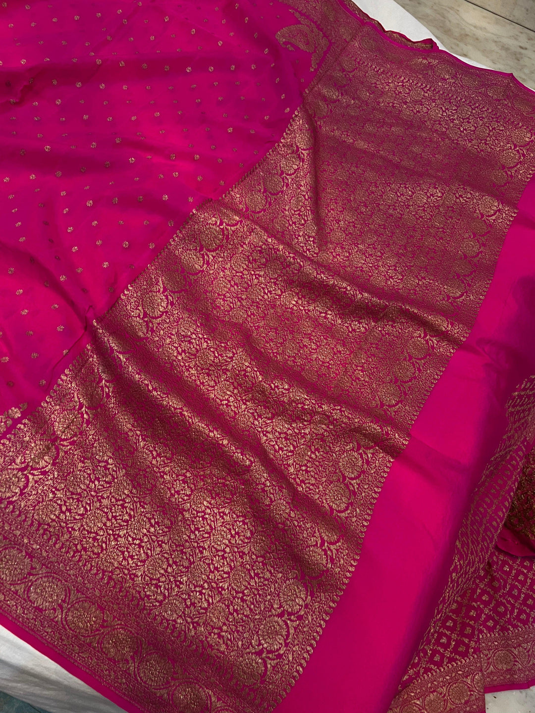 Rani Pink Pure Banarasi Khaddi Crepe Silk Saree - Aura Benaras