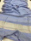 Blue Banarasi Handloom Pure Linen Silk Saree - Aura Benaras