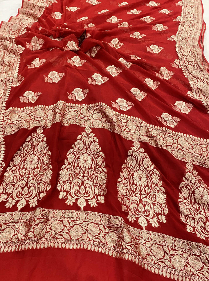 Red Buta Khaddi Georgette Banarasi Handloom Saree - Aura Benaras