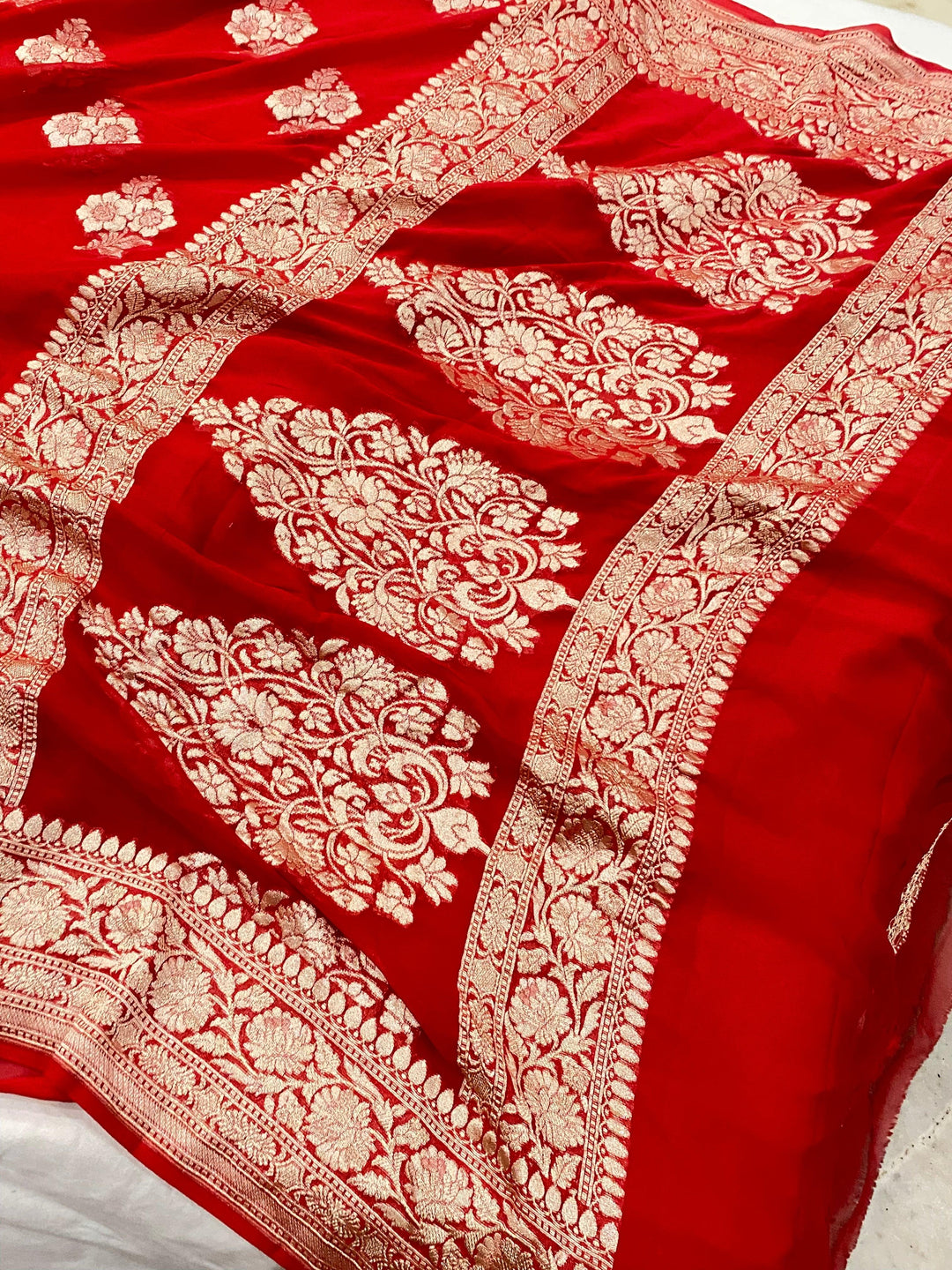 Red Buta Khaddi Georgette Banarasi Handloom Saree - Aura Benaras