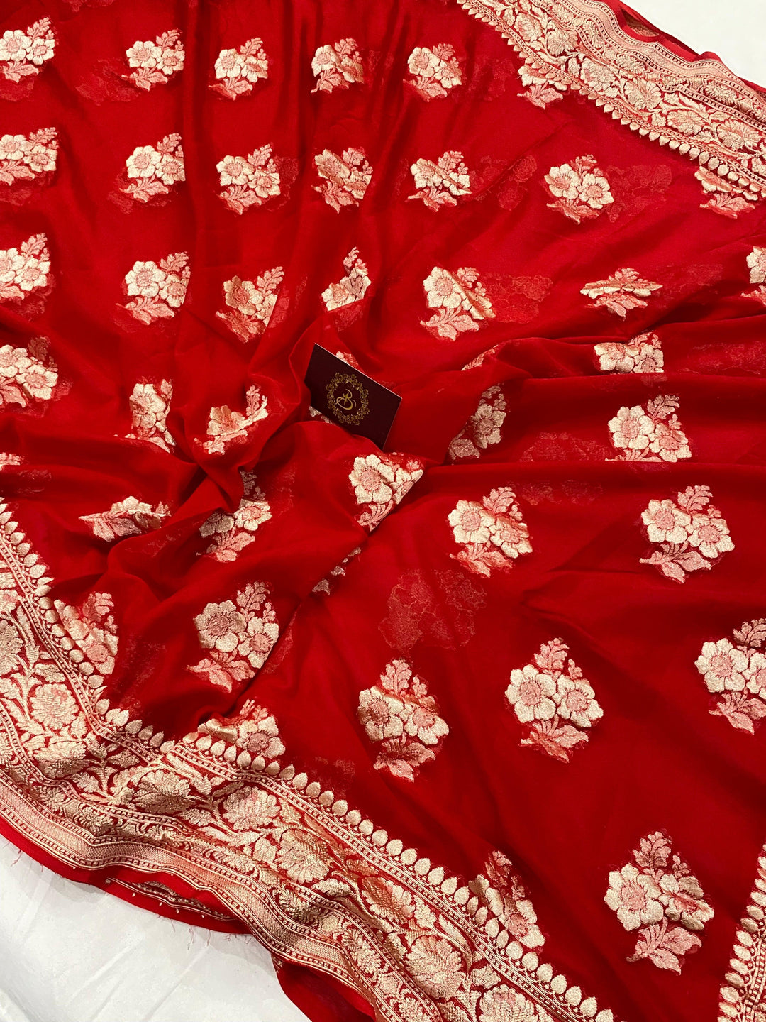Red Buta Khaddi Georgette Banarasi Handloom Saree - Aura Benaras