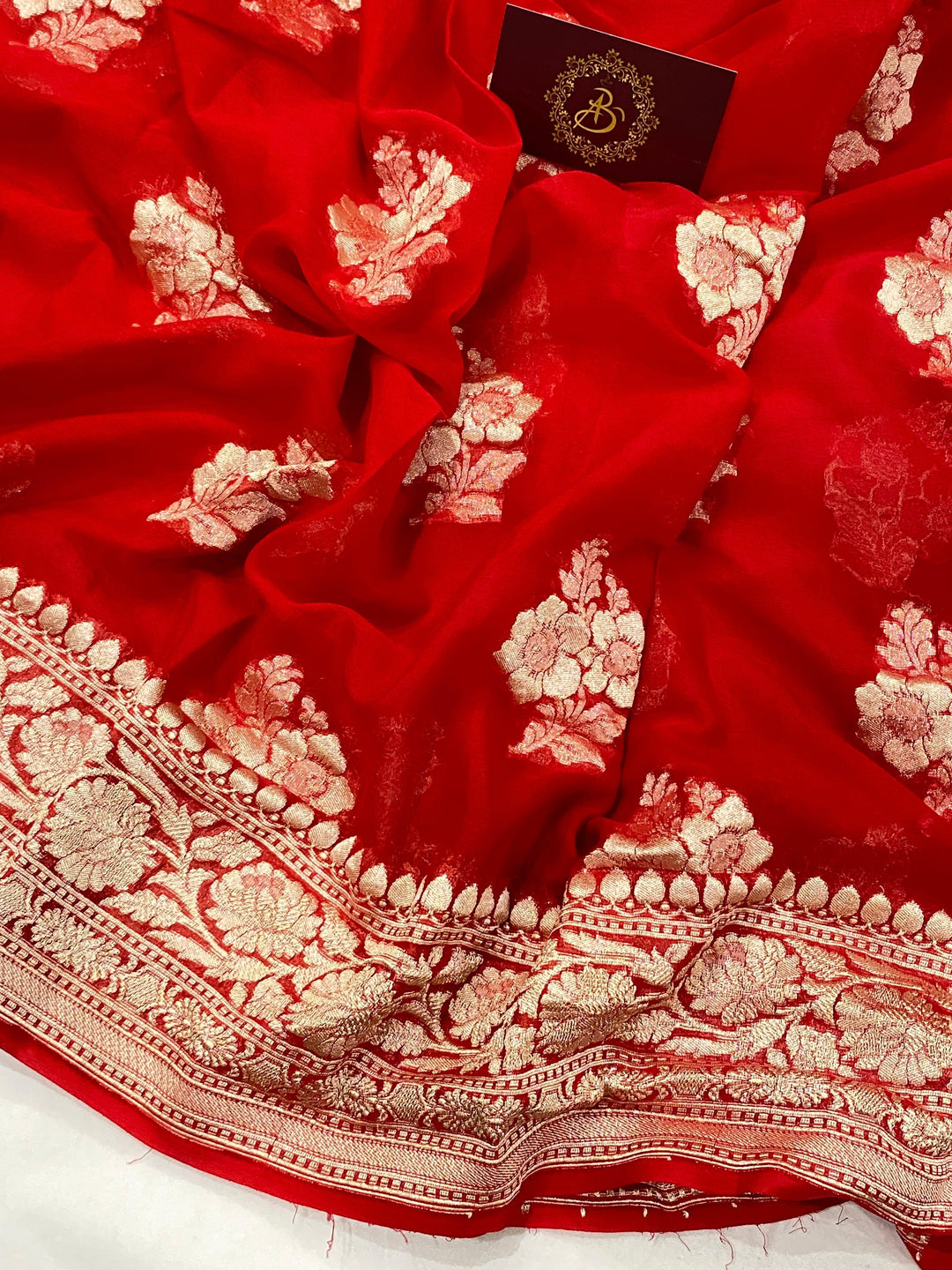Red Buta Khaddi Georgette Banarasi Handloom Saree - Aura Benaras