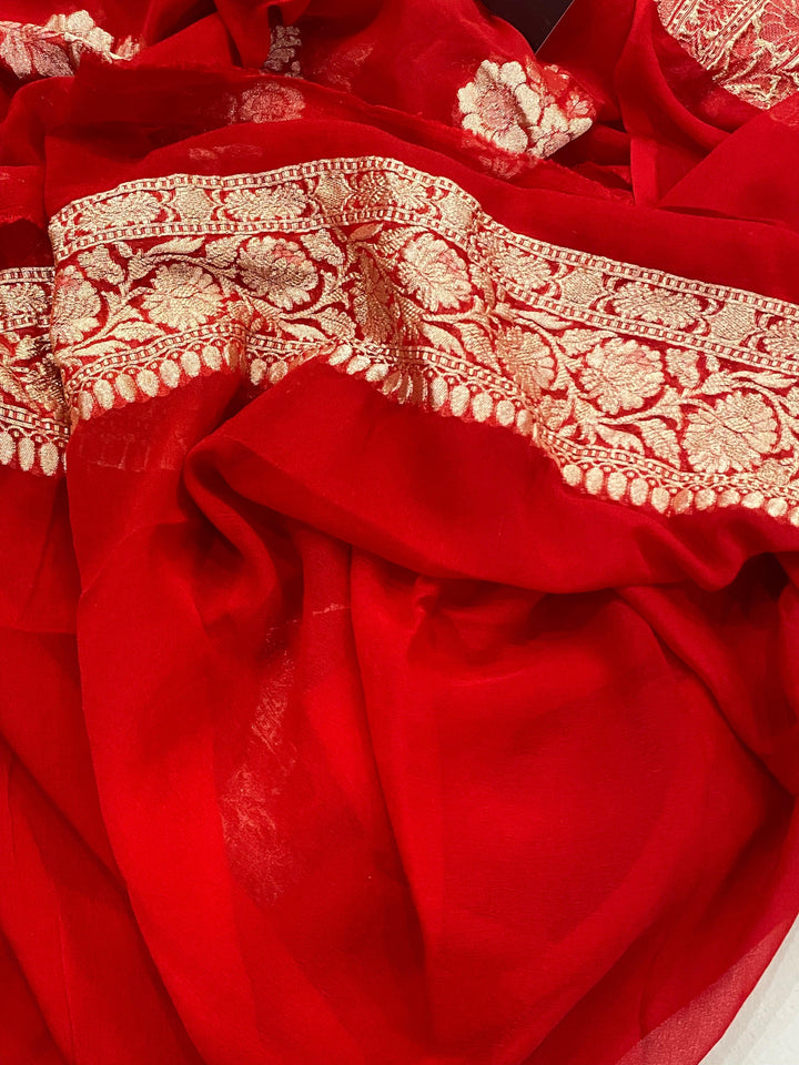 Red Buta Khaddi Georgette Banarasi Handloom Saree - Aura Benaras