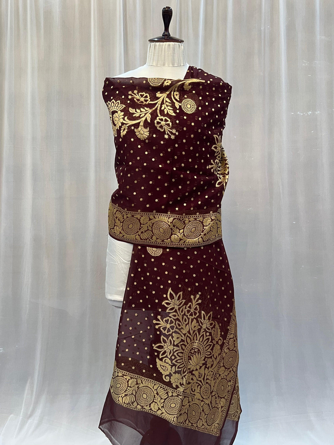 Coffee Brown Pure Banarasi Handloom Georgette Dupatta - Aura Benaras