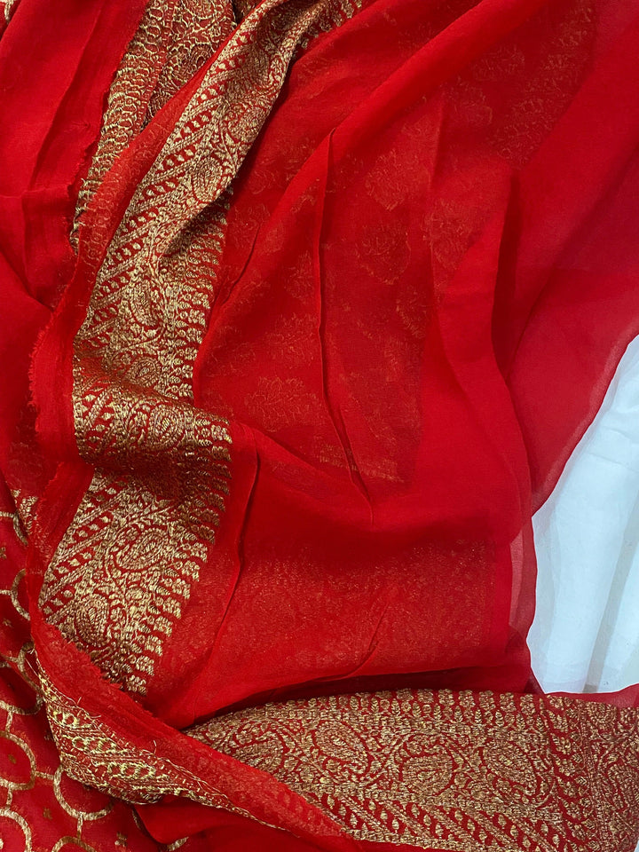 Red Pure Banarasi Khaddi Georgette Saree - Aura Benaras