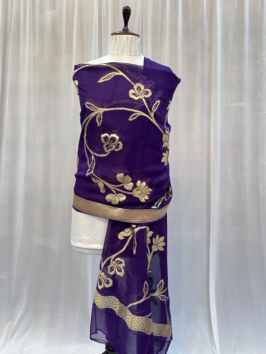 Deep Blue Pure Banarasi Handloom Georgette Dupatta - Aura Benaras