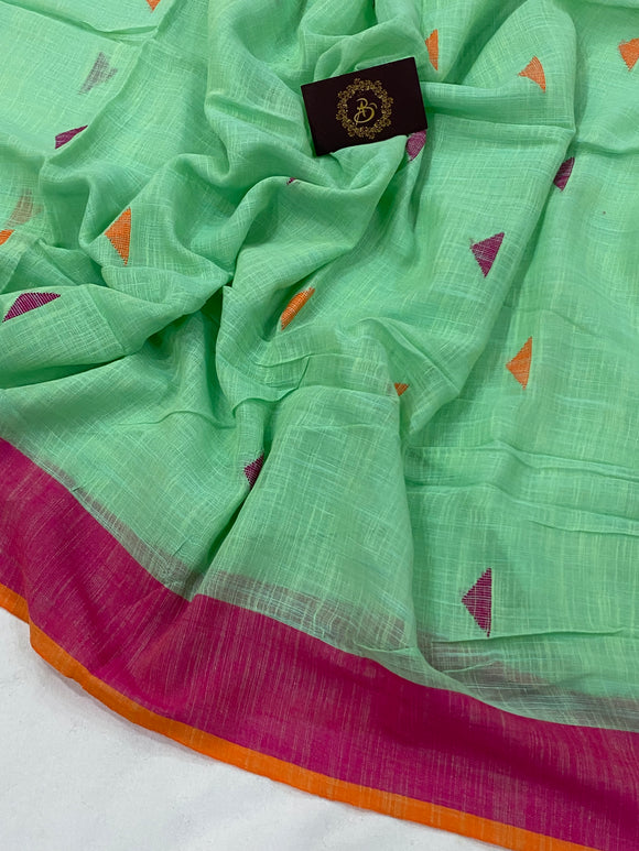 Sea Green Banarasi Handloom Pure Linen Silk Saree - Aura Benaras