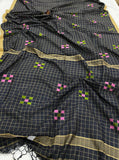 Black Banarasi Handloom Pure Linen Silk Saree - Aura Benaras