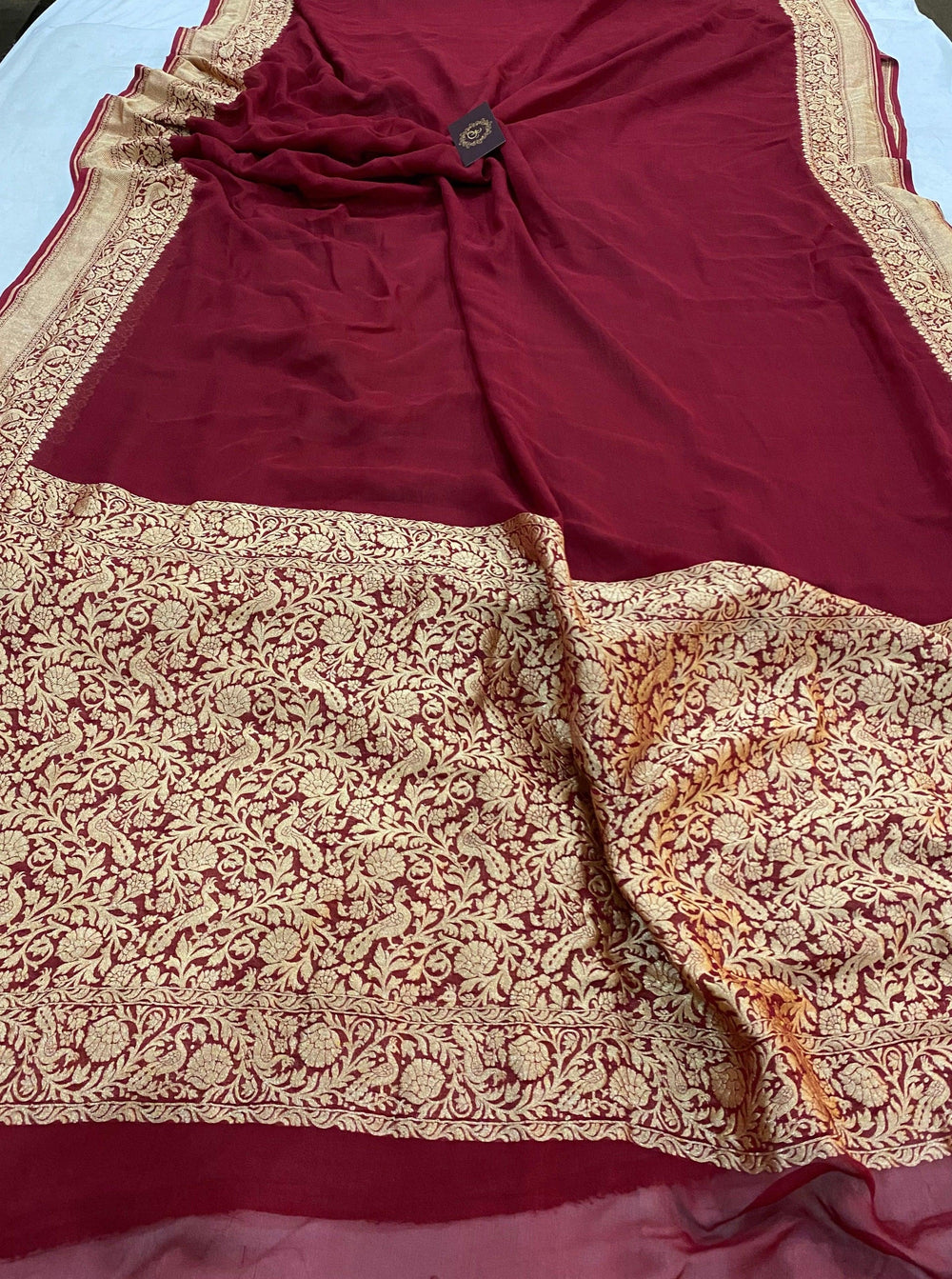 Maroon Pure Banarasi Khaddi Georgette Saree - Aura Benaras