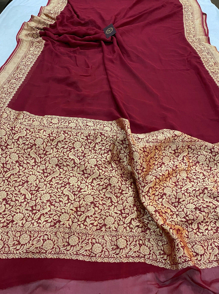 Maroon Pure Banarasi Khaddi Georgette Saree - Aura Benaras