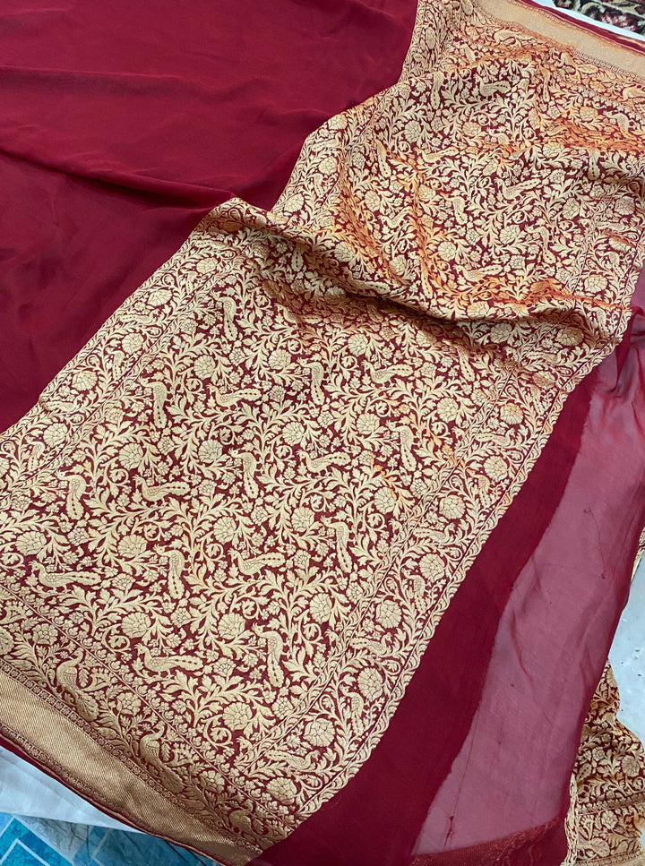 Maroon Pure Banarasi Khaddi Georgette Saree