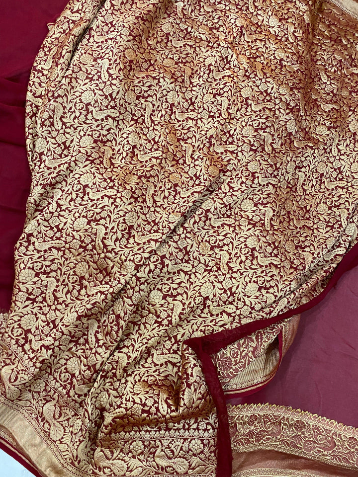 Maroon Pure Banarasi Khaddi Georgette Saree