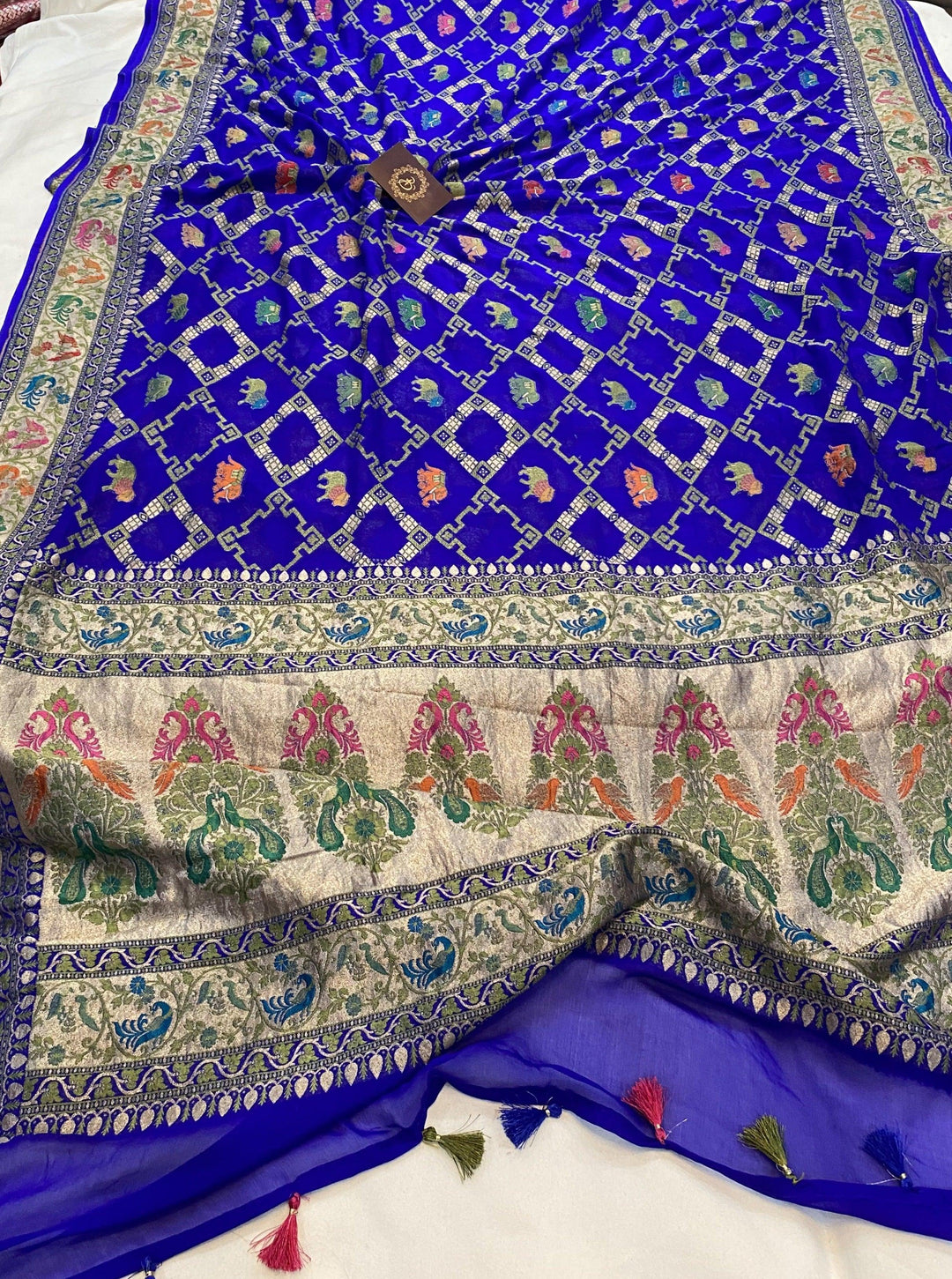 Royal Blue Tilfi Patola Pure Banarasi Khaddi Georgette Saree - Aura Benaras