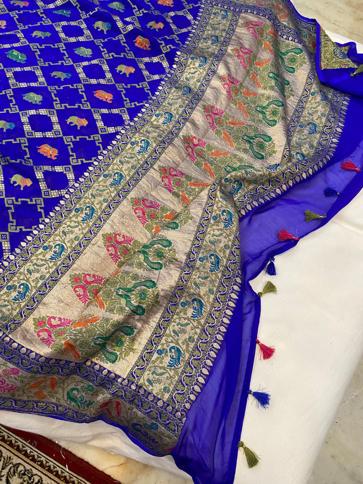 Royal Blue Tilfi Patola Pure Banarasi Khaddi Georgette Saree - Aura Benaras