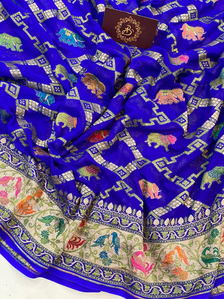 Royal Blue Tilfi Patola Pure Banarasi Khaddi Georgette Saree - Aura Benaras