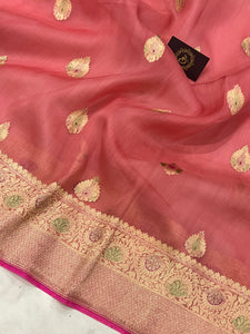Strawberry Pink Banarasi Handloom Kora Silk Saree - Aura Benaras