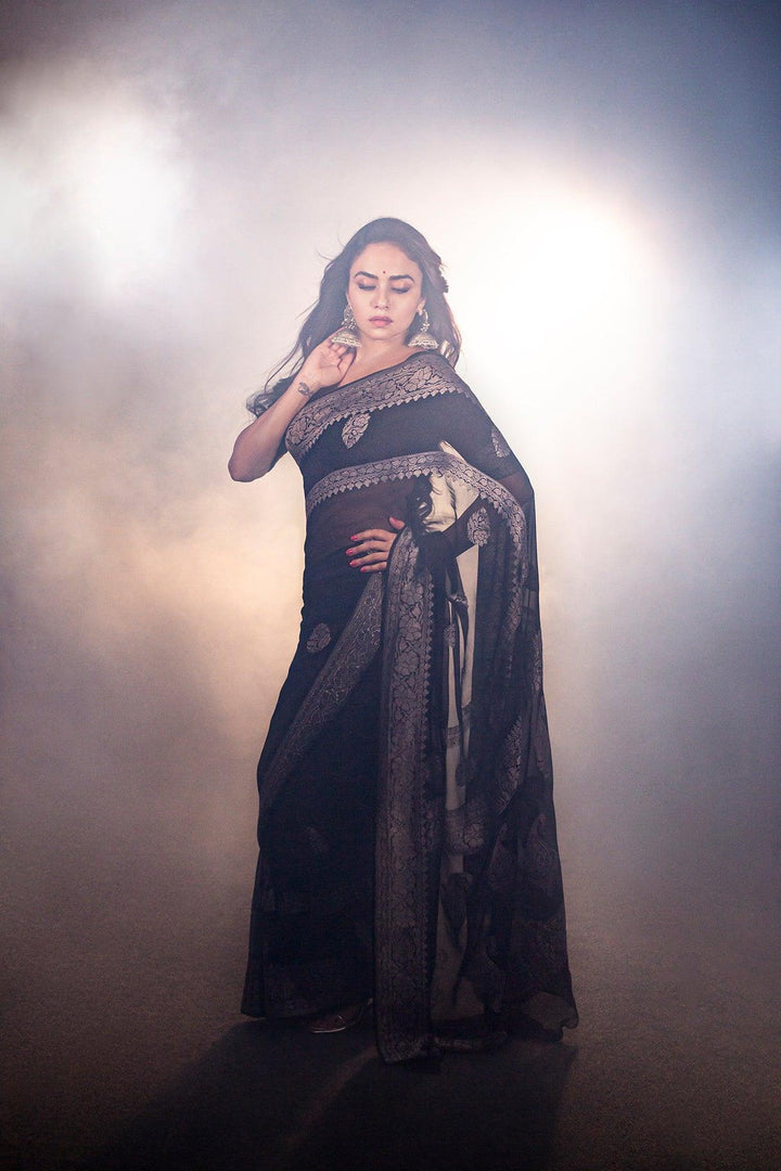 Black Khaddi Chiffon Banarasi Handloom Saree