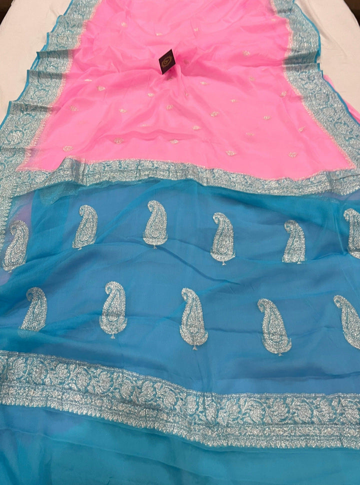 Baby Pink Khaddi Chiffon Banarasi Handloom Saree - Aura Benaras