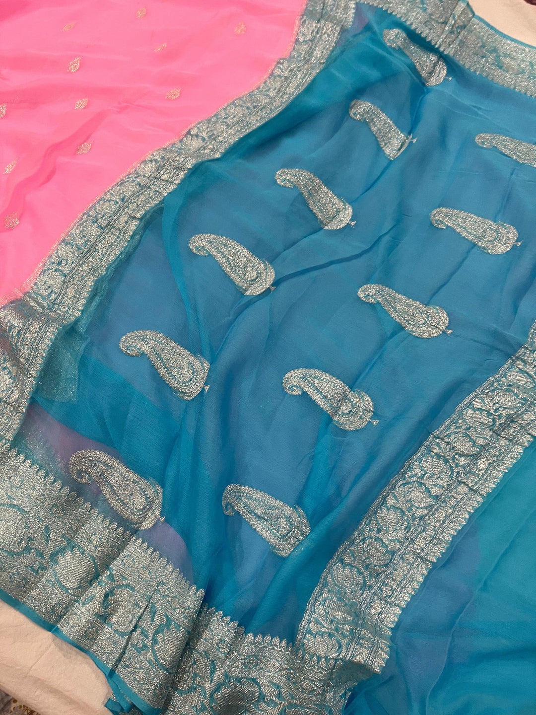 Baby Pink Khaddi Chiffon Banarasi Handloom Saree - Aura Benaras