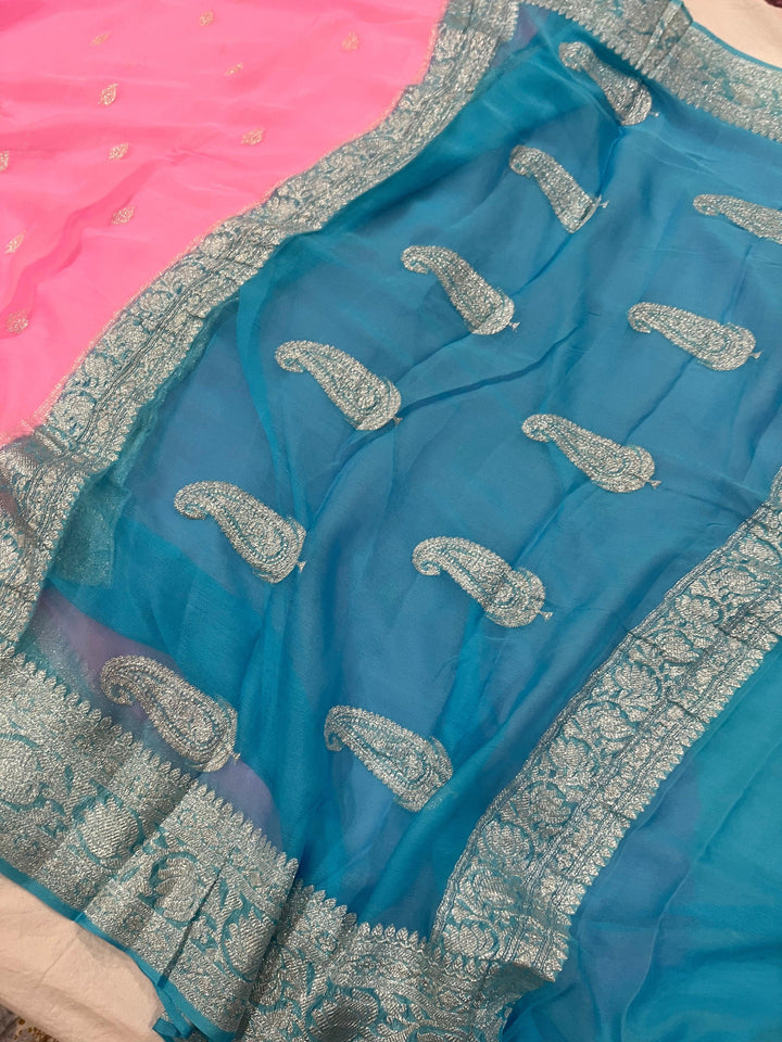 Baby Pink Khaddi Chiffon Banarasi Handloom Saree - Aura Benaras