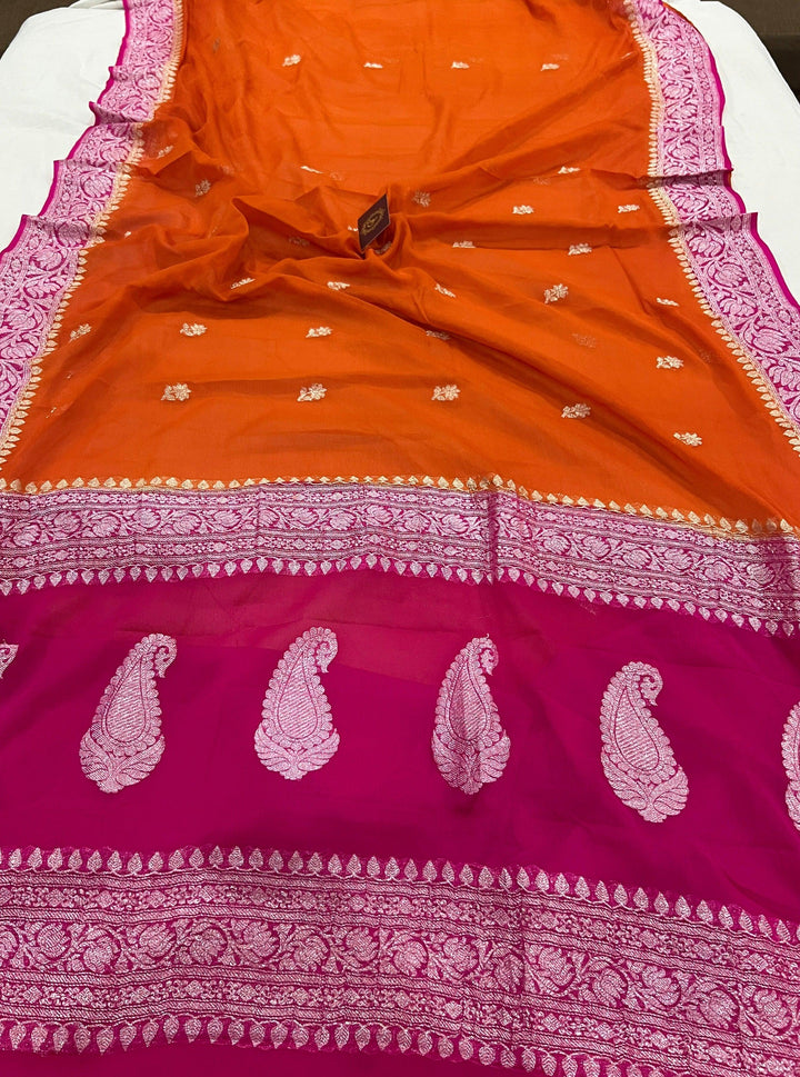 Orange Khaddi Chiffon Banarasi Handloom Saree - Aura Benaras