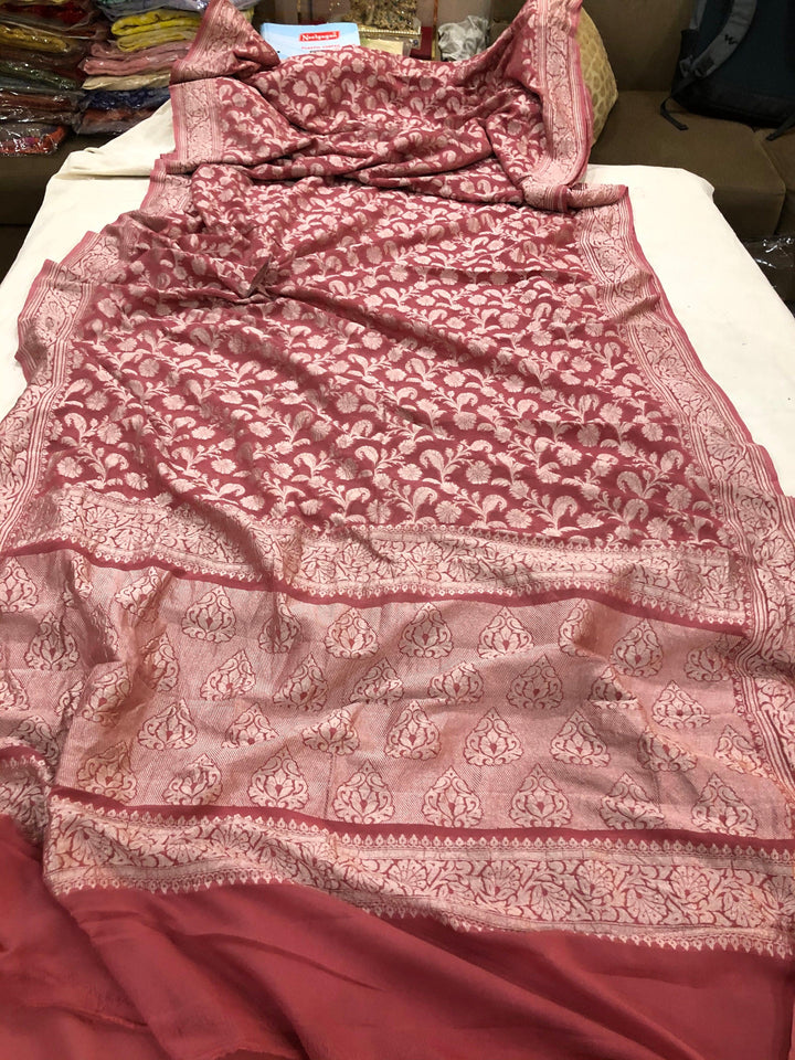 Onion shade Khaddi Georgette Silk Banarasi Handloom Saree