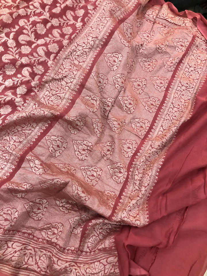 Onion shade Khaddi Georgette Silk Banarasi Handloom Saree