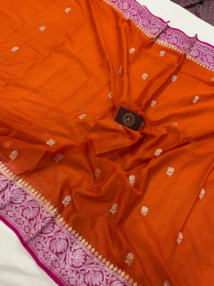Orange Khaddi Chiffon Banarasi Handloom Saree - Aura Benaras