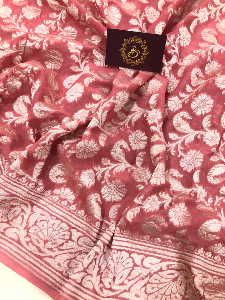 Onion shade Khaddi Georgette Silk Banarasi Handloom Saree